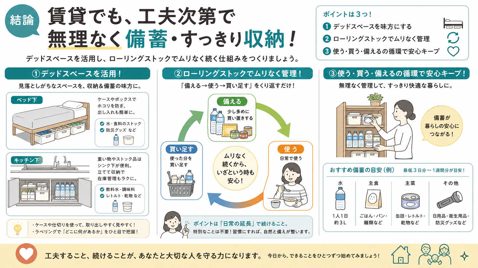 備蓄と収納の工夫の結論｜賃貸でも無理なく備える方法